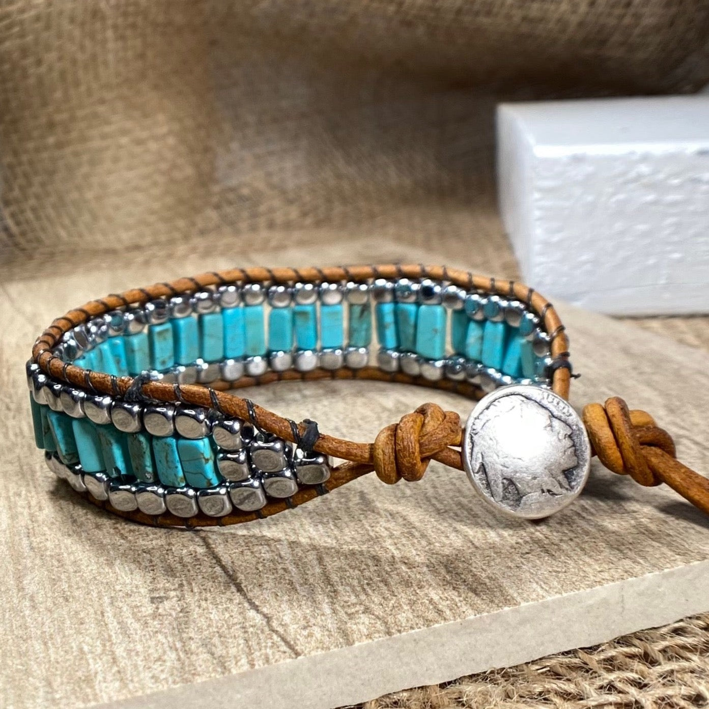 Turquoise Hematite Beaded Brown Leather Bracelet