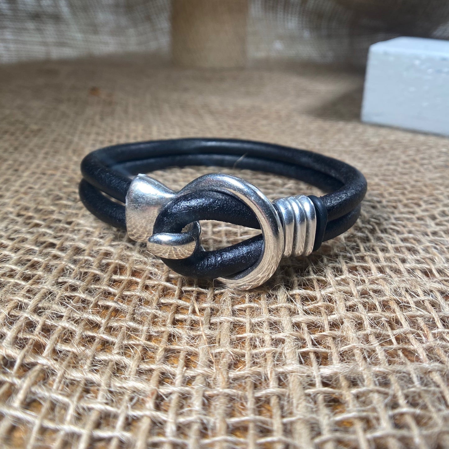 Black or Natural Leather Cord Bracelet with Antique Silver Hook Clasp