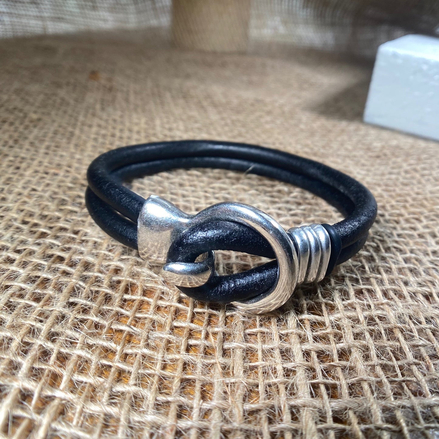 Black or Natural Leather Cord Bracelet with Antique Silver Hook Clasp