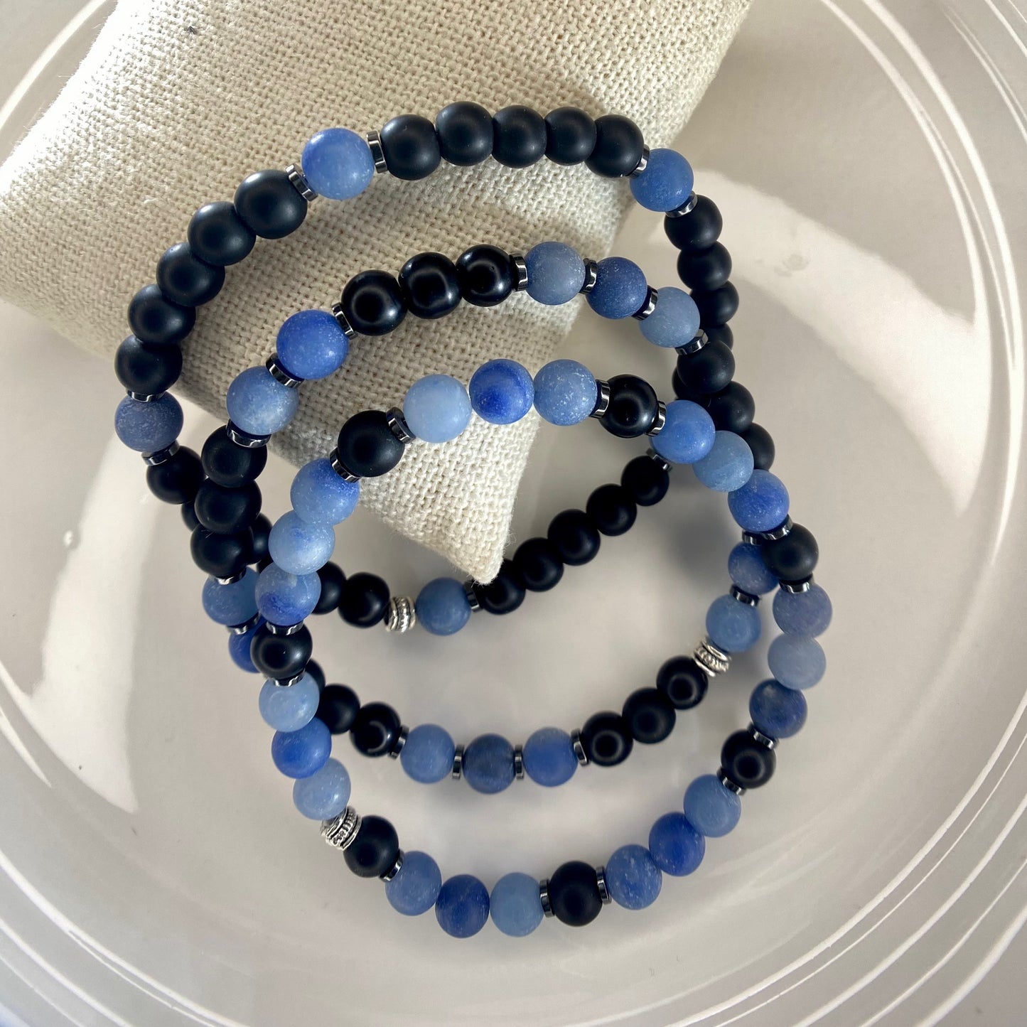 Blue Aventurine 6mm Beaded Stretch Bracelet with Black Onyx beads