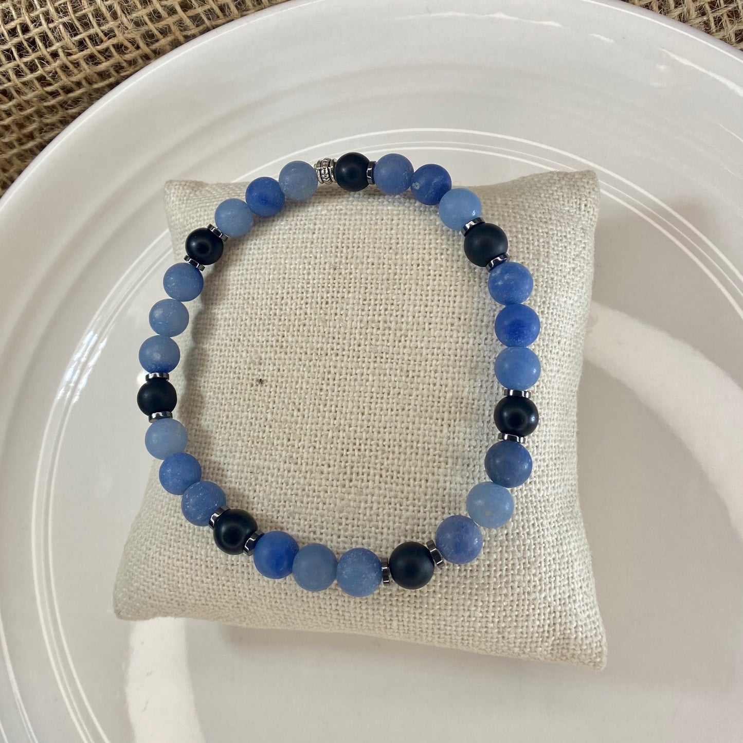 Blue aventurine 6mm beaded stretch bracelet with black onyx beads