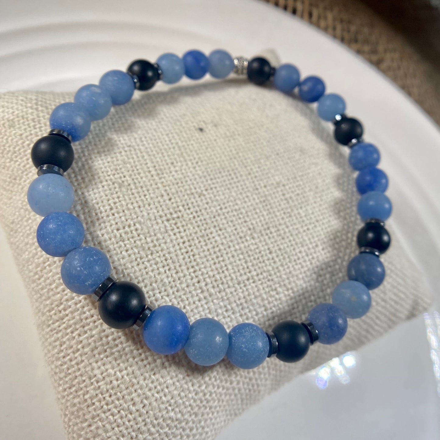 Blue Aventurine 6mm Beaded Stretch Bracelet with Black Onyx beads