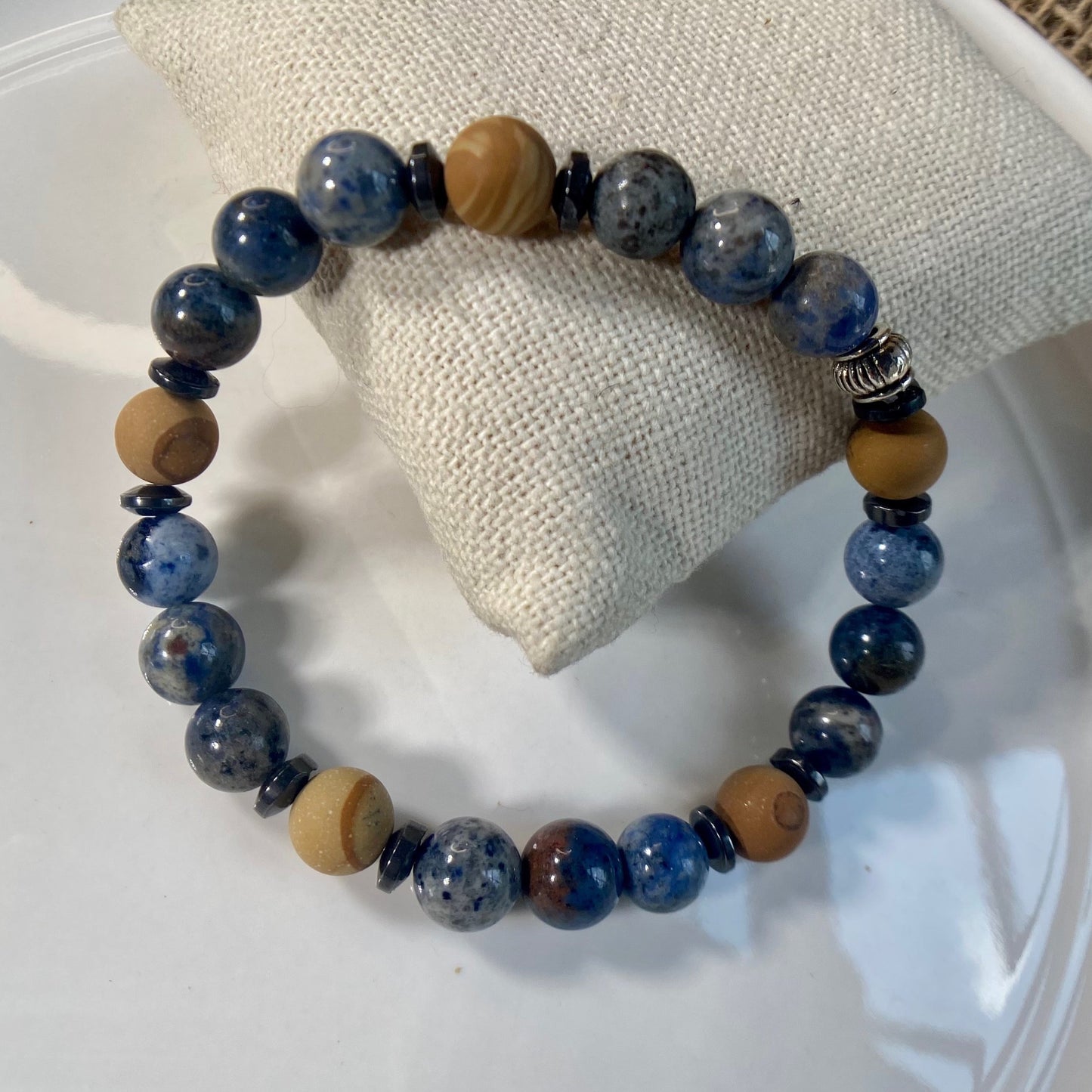 Sunset Dumortierite beaded stretch  bracelet with tiger skin jasper