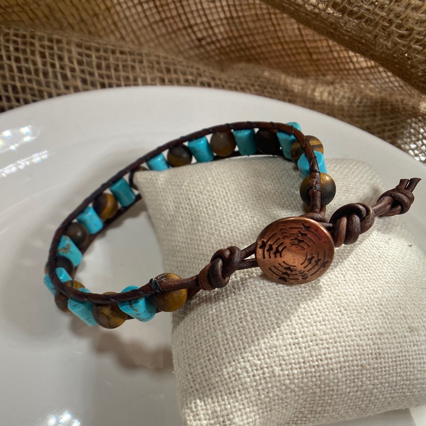 Blue Turquoise Beaded Brown Leather Bracelet with Tiger Eye