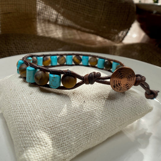 Blue Turquoise Beaded Brown Leather Bracelet with Tiger Eye