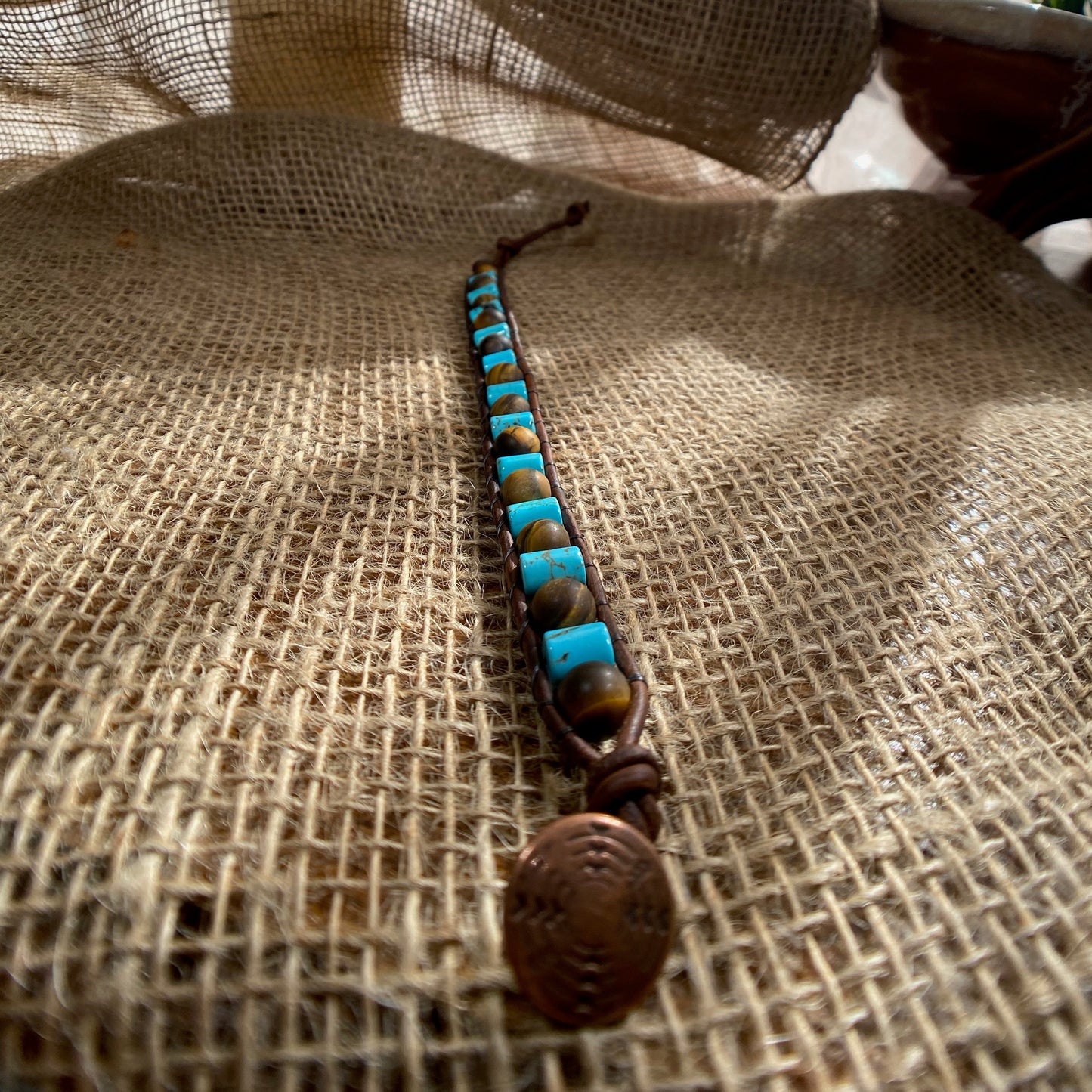 Blue Turquoise Beaded Brown Leather Bracelet with Tiger Eye