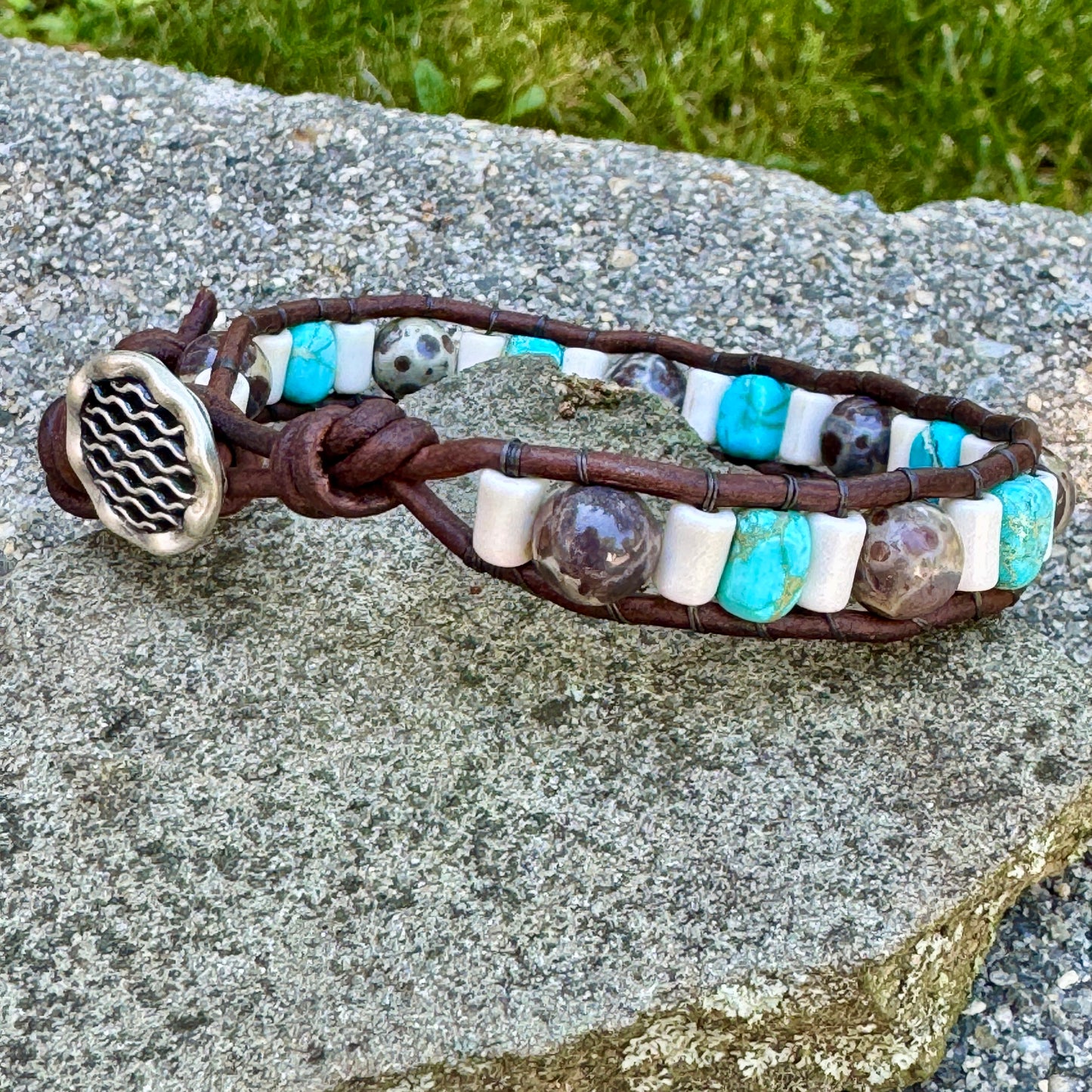 Men’s Jasper Gemstone Bracelet 6mm Blue Sea Sediment Imperial Jasper Brown Asteroid Jasper Leather