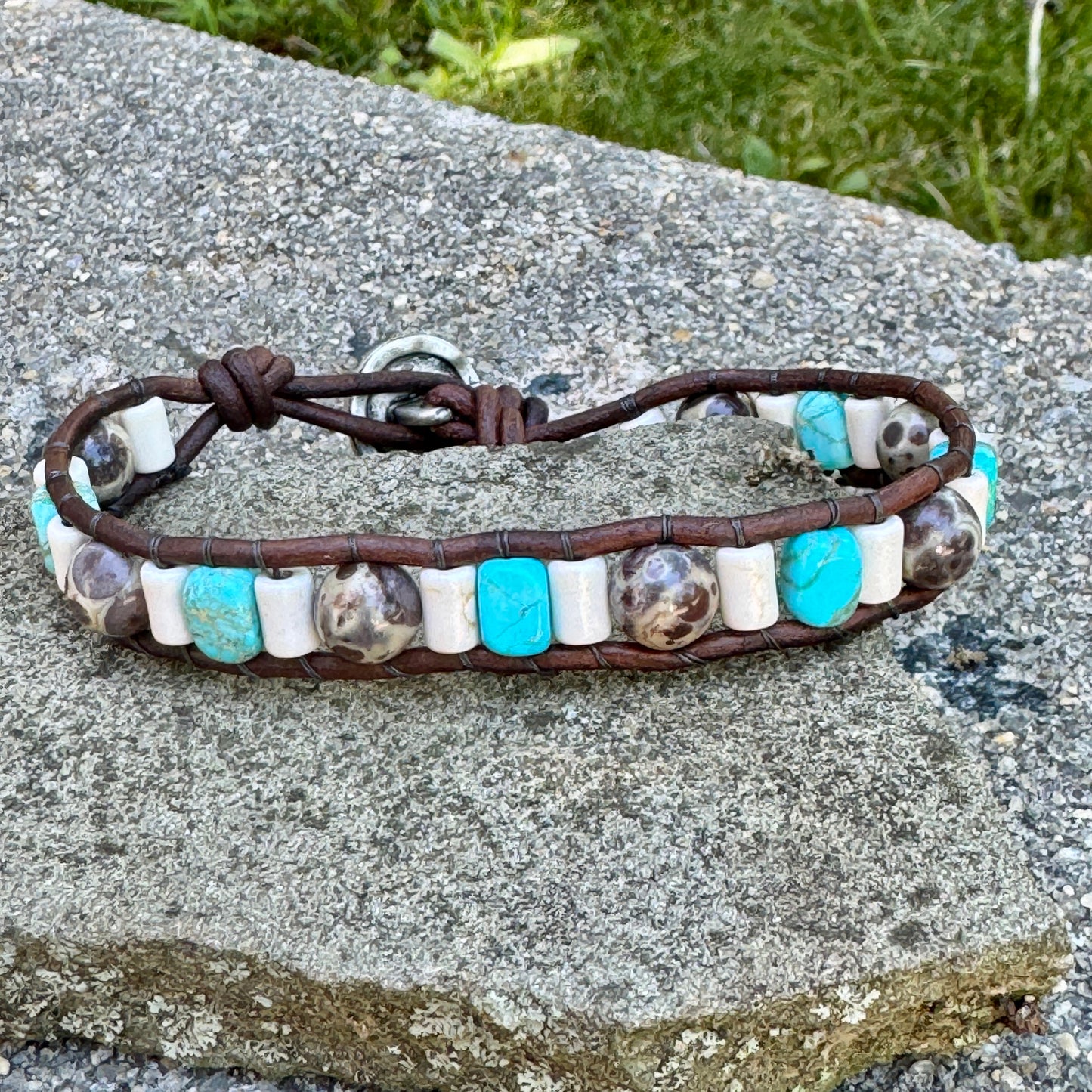 Men’s Jasper Gemstone Bracelet 6mm Blue Sea Sediment Imperial Jasper Brown Asteroid Jasper Leather