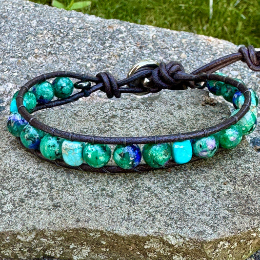 Men’s Blue Green Jade & Imperial Jasper Bracelet Black Leather 7-8mm Gemstone