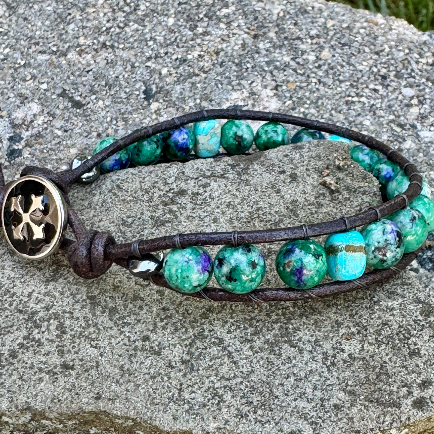 Men’s Blue Green Jade & Imperial Jasper Bracelet Black Leather 7-8mm Gemstone