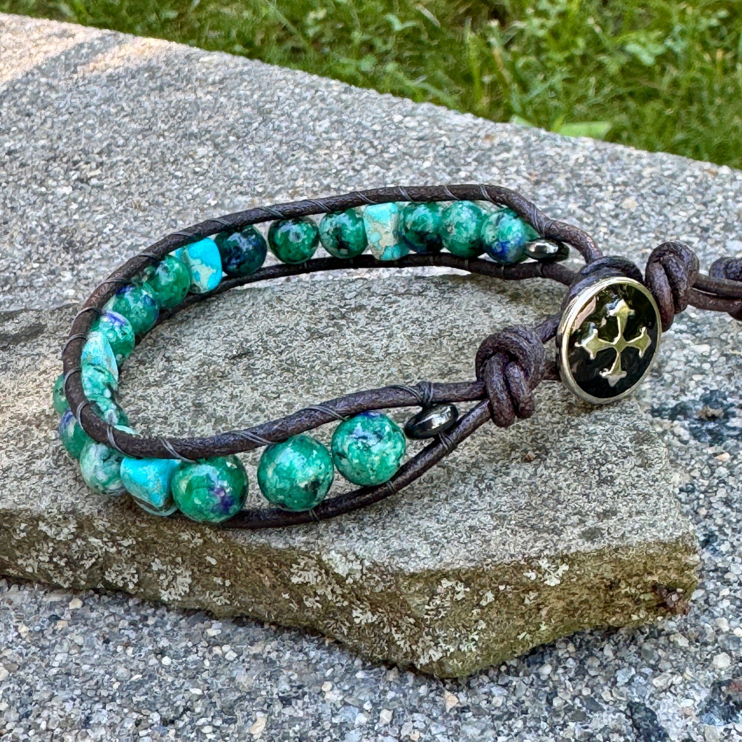 Men’s Blue Green Jade & Imperial Jasper Bracelet Black Leather 7-8mm Gemstone