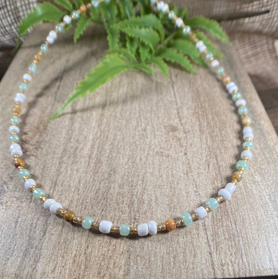 Light green and white seed beaded choker necklace