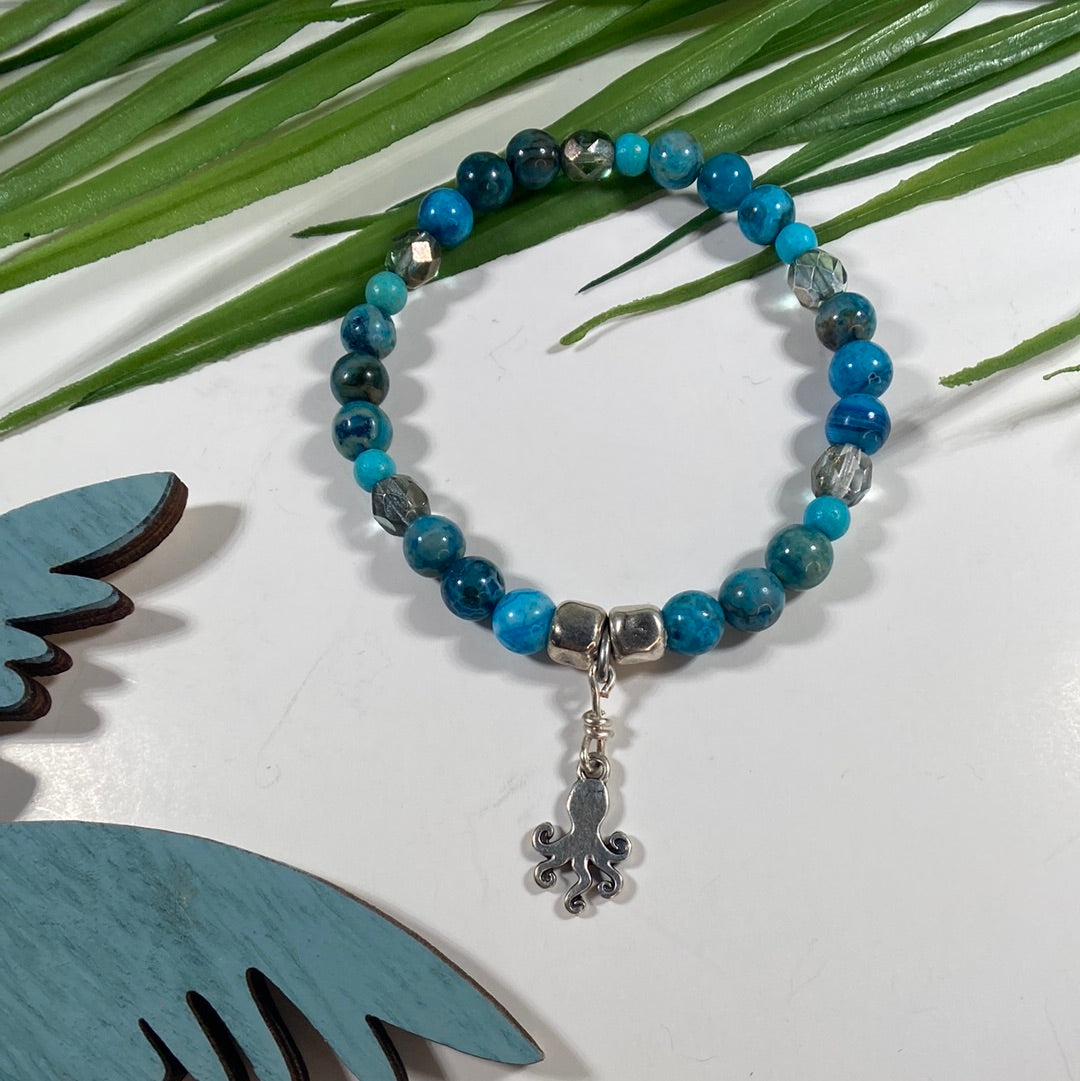 Blue Summer Beaded Stretch Bracelet with Octopus charm in Silver