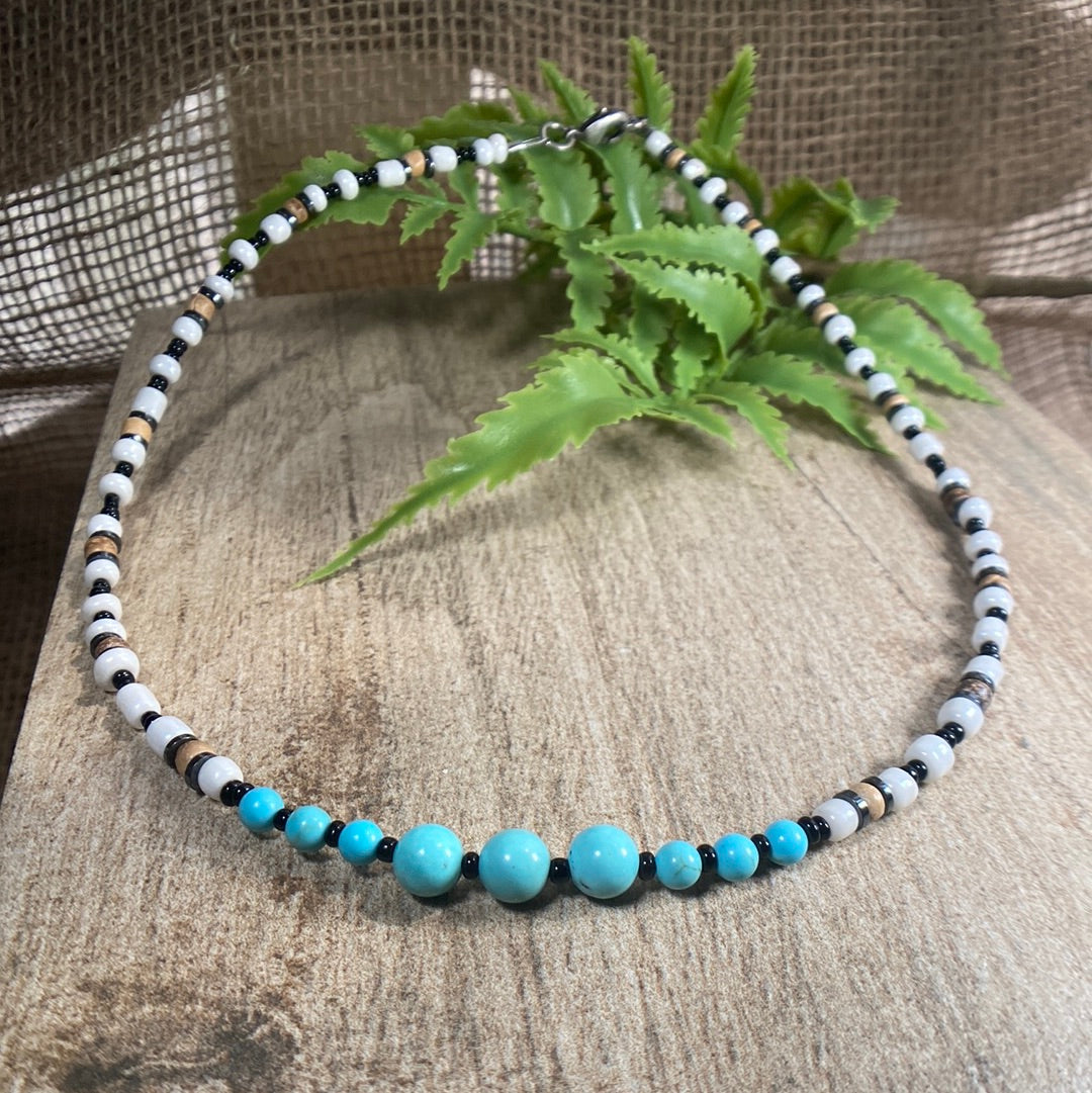 Beaded Choker Necklace with Turquoise black and white accents