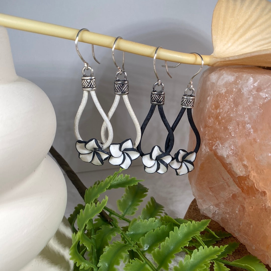 Black and White Leather and Rubber flower Earrings