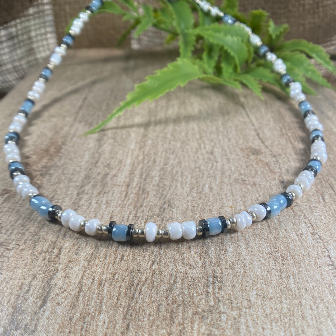 Light Blue and White Beaded Choker Necklace