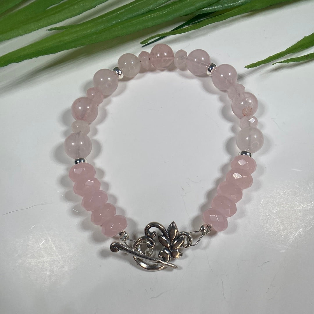 Rose Quartz Beaded Bracelet with Toggle Leaf Clasp