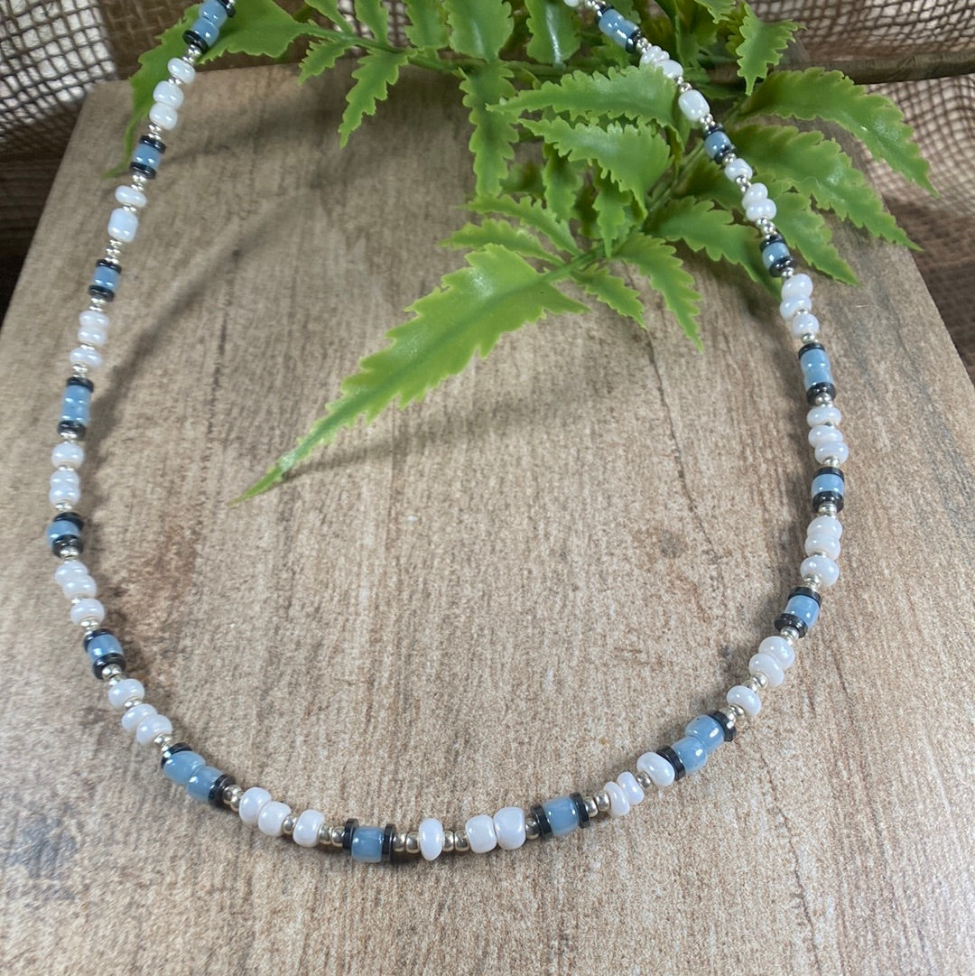 Light blue and white beaded choker necklace