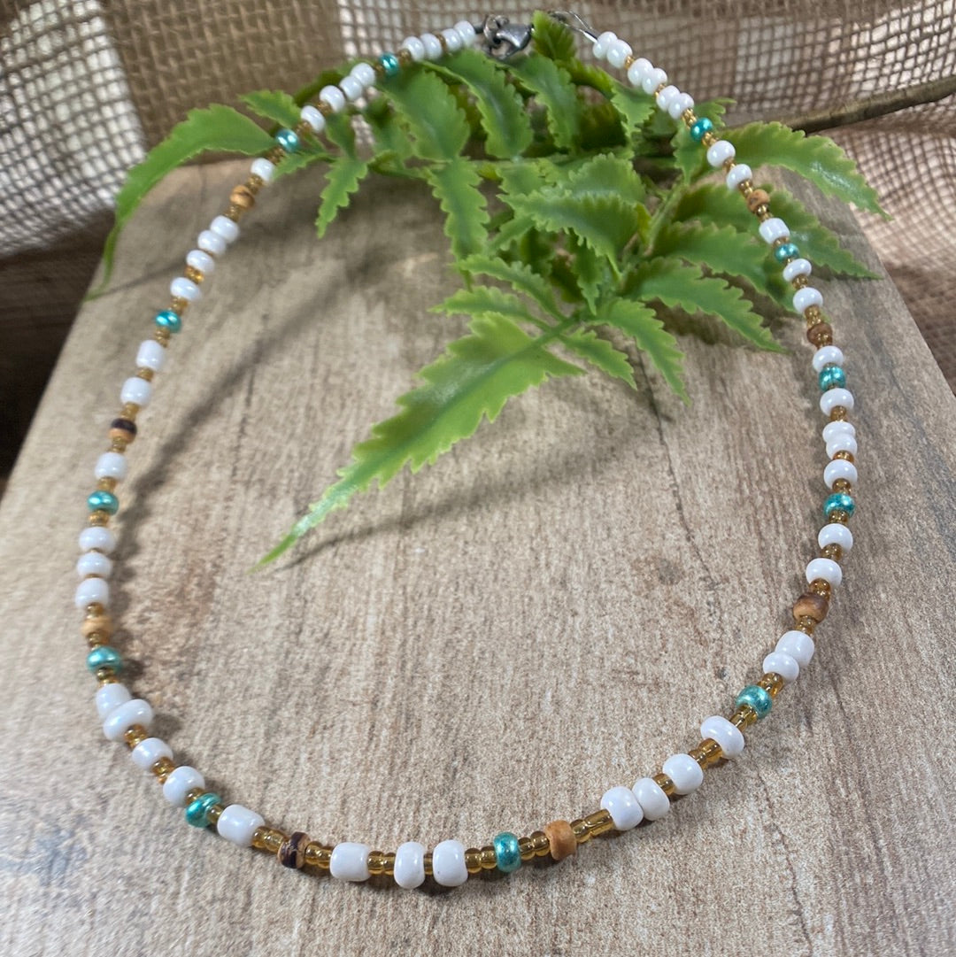 Beaded Choker Necklace with Czech White and Turquoise accent