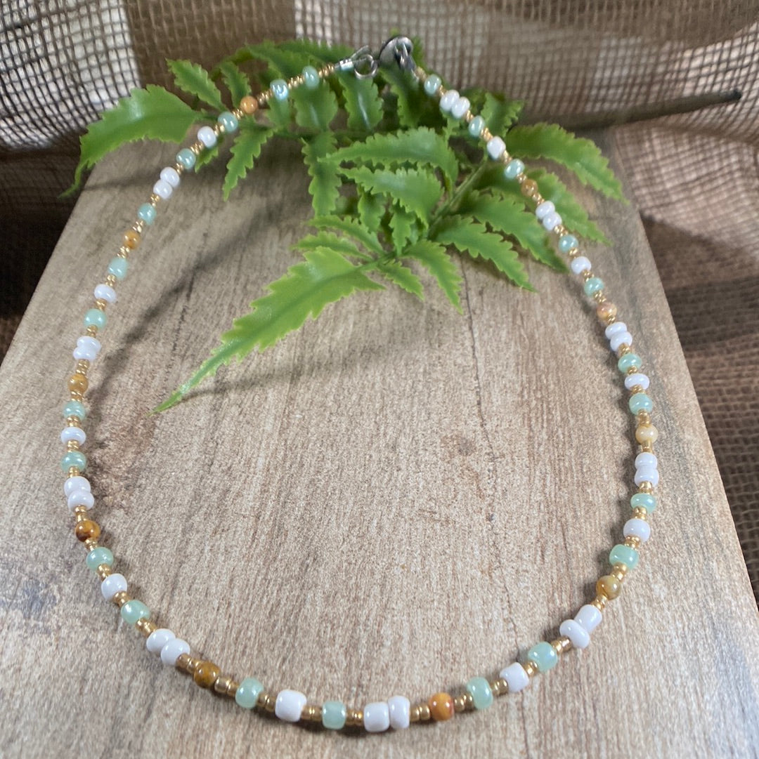 Beaded Choker Necklace with Light green and white seed beads