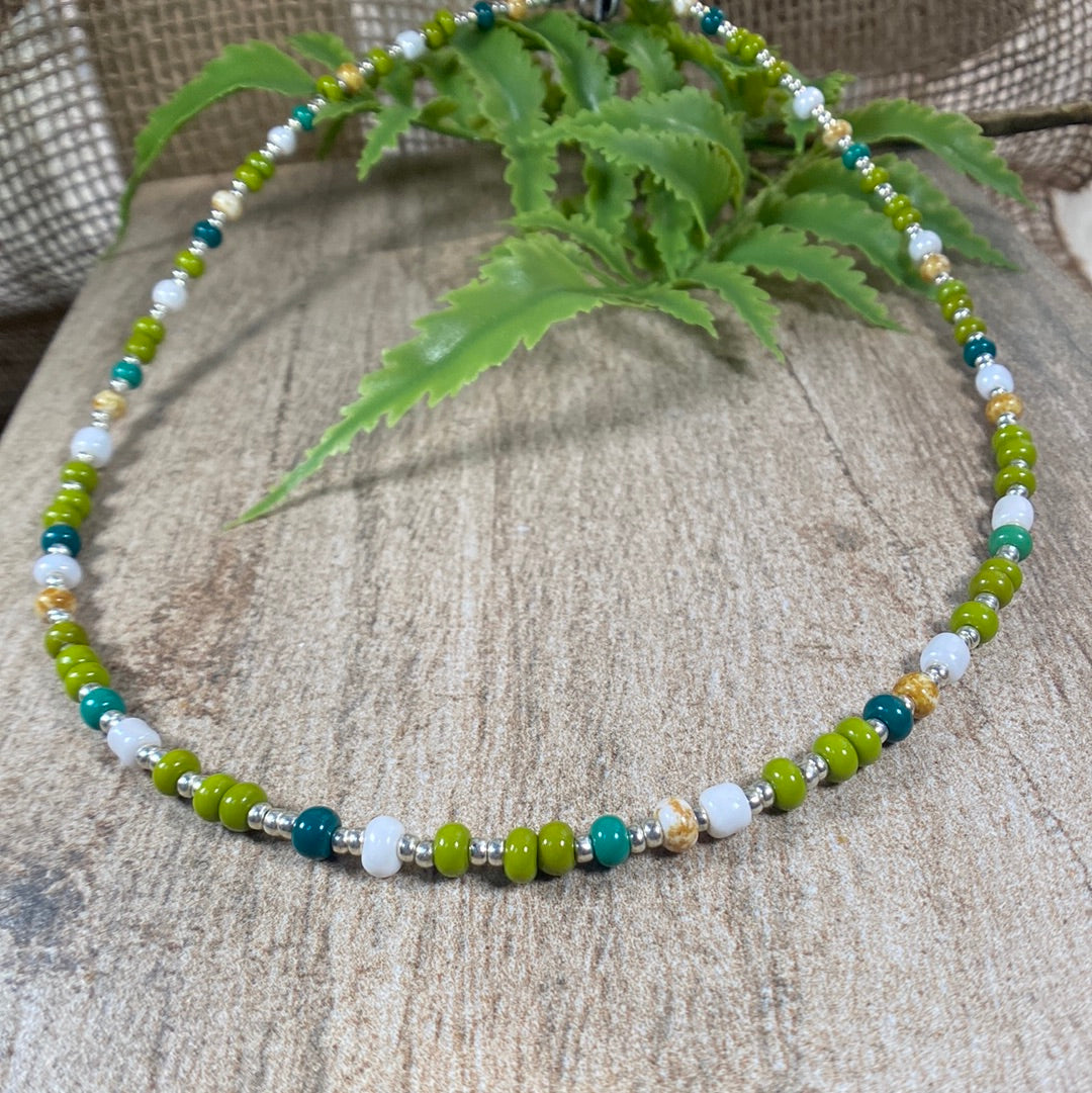 Multi color Beaded Choker Necklace Green and Silver accents