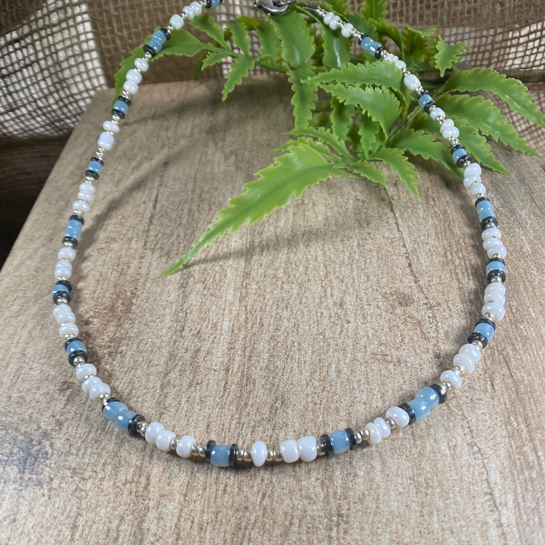 Light Blue and White Beaded Choker Necklace