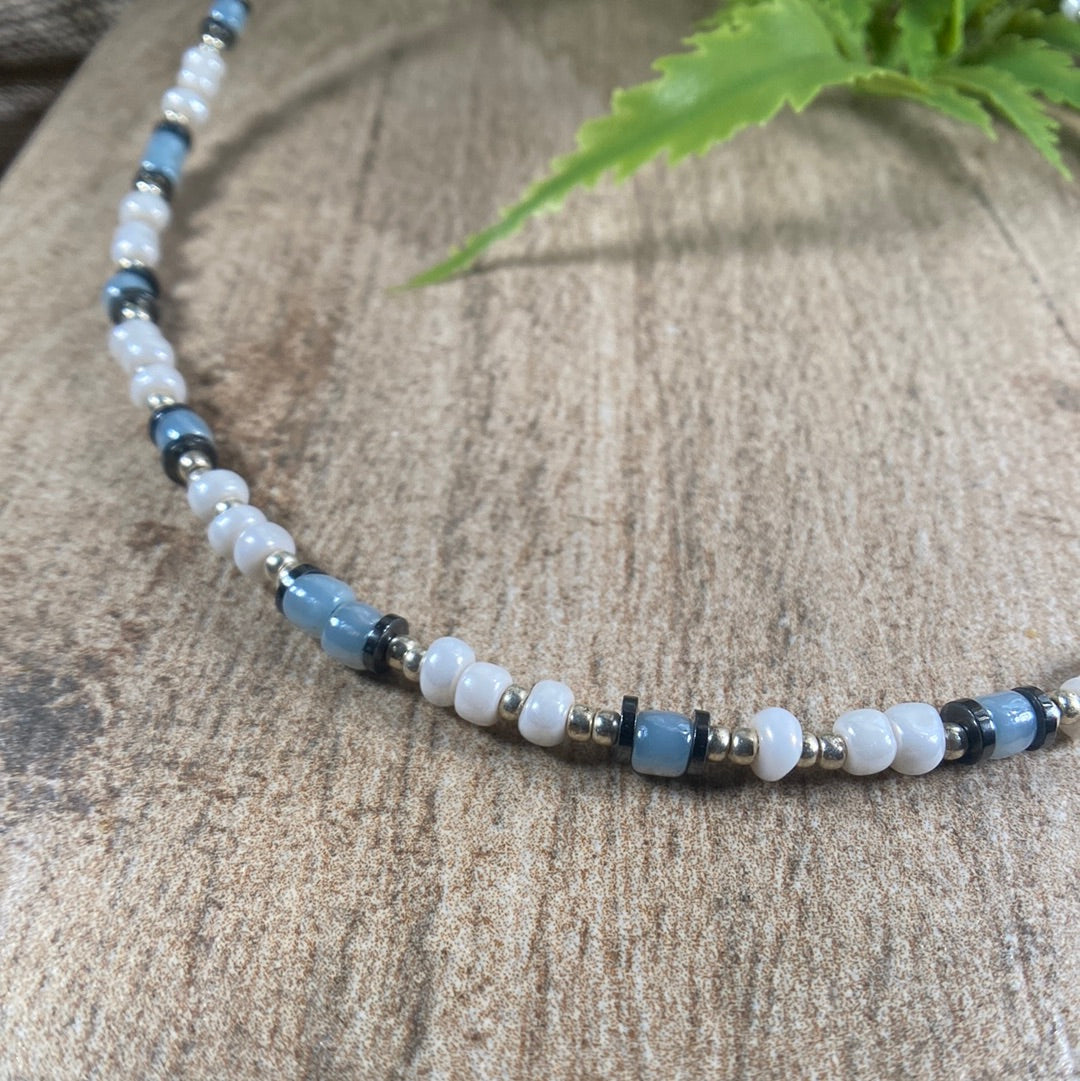 Light Blue and White Beaded Choker Necklace