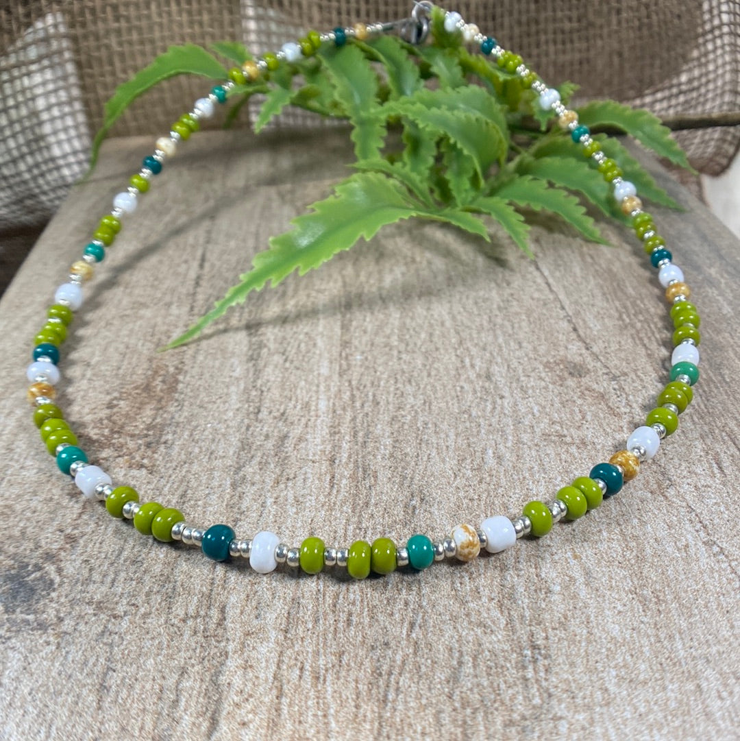 Multi color Beaded Choker Necklace Green and Silver accents