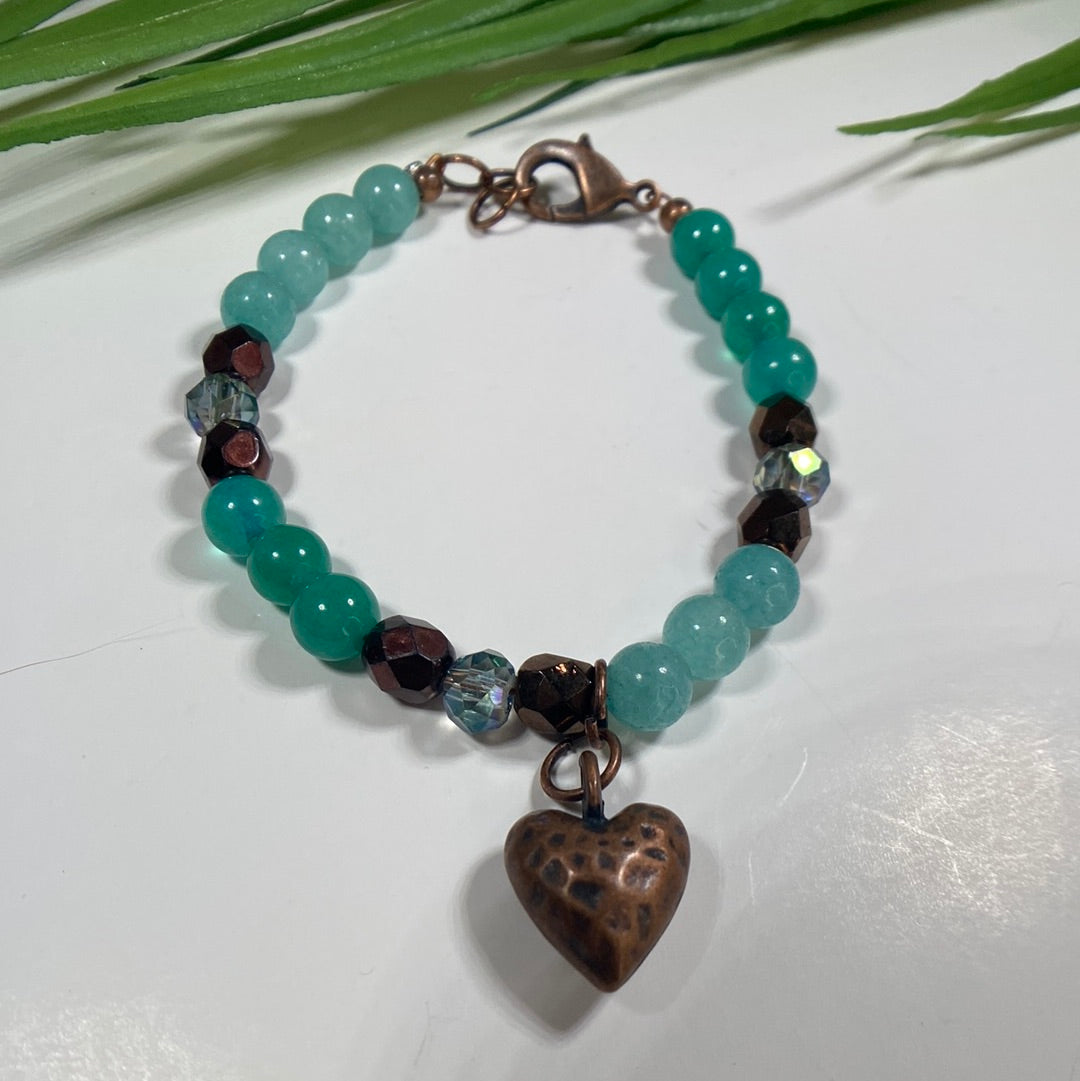 Summer Aqua Jade Beaded Bracelet with Heart charm