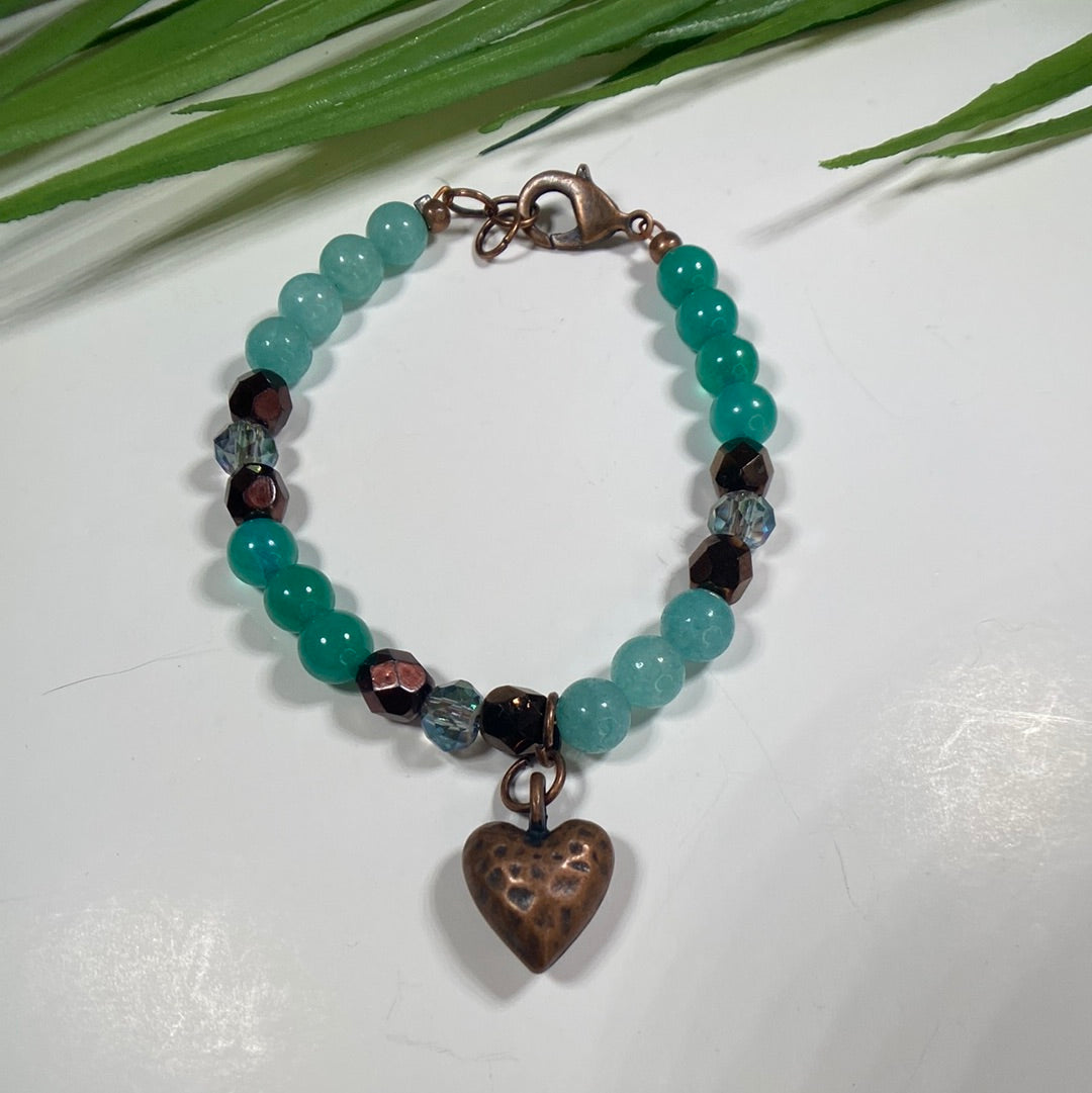 Summer Aqua Jade Beaded Bracelet with Heart charm