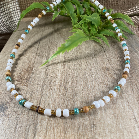 beaded choker necklace with czech glass beads in white and turquoise with natural coconut beads