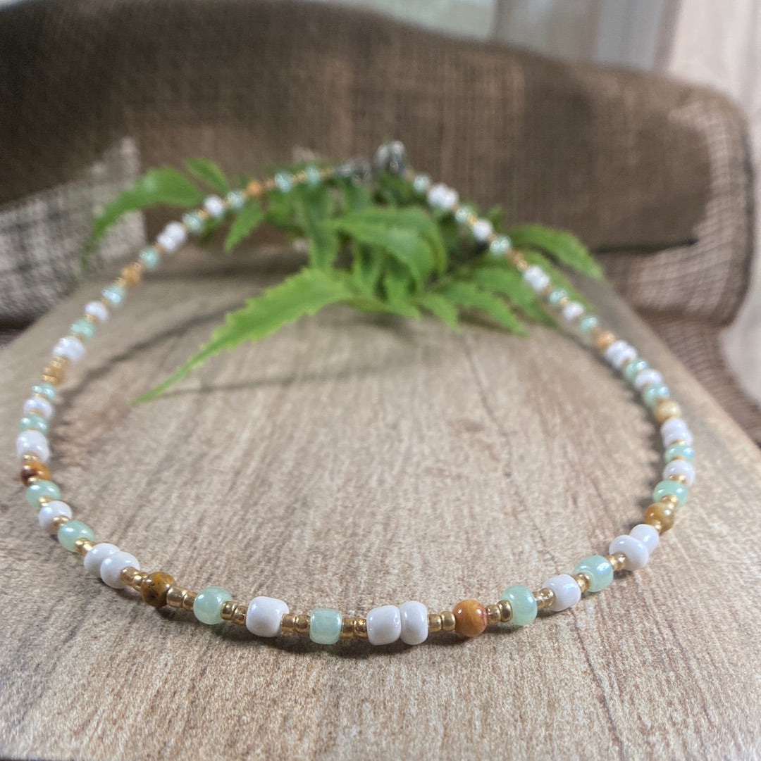 Beaded Choker Necklace with Light green and white seed beads