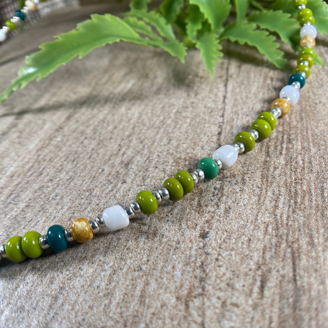 Multi color Beaded Choker Necklace Green and Silver accents