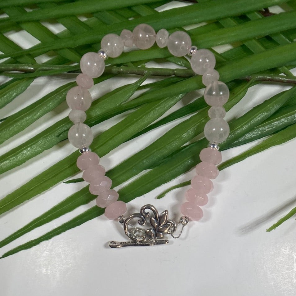 Rose Quartz Beaded Bracelet with Toggle Leaf Clasp