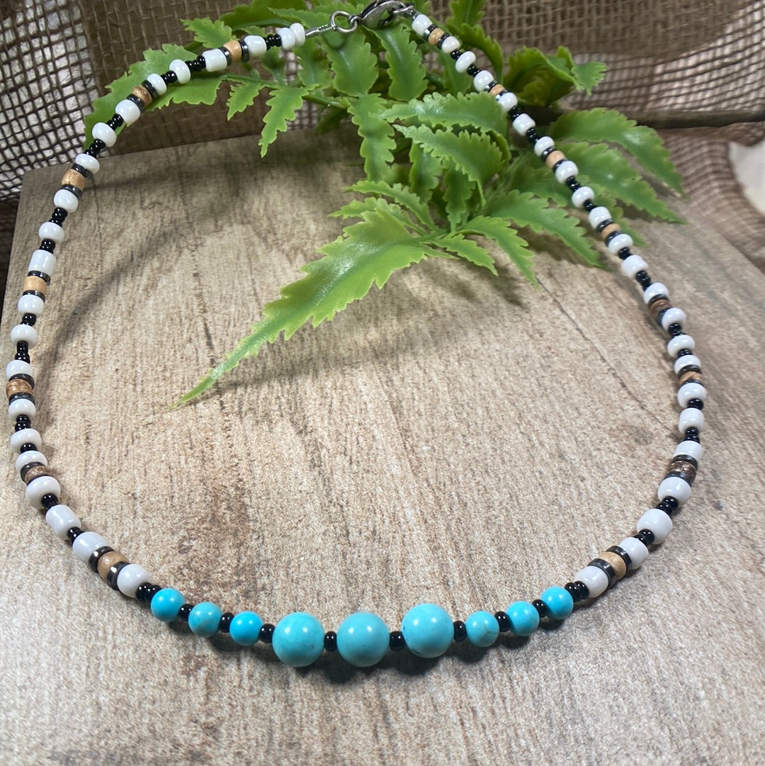 Beaded Choker Necklace with Turquoise black and white accents