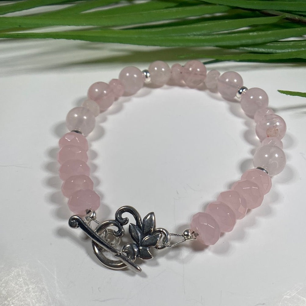 Rose Quartz Beaded Bracelet with Toggle Leaf Clasp