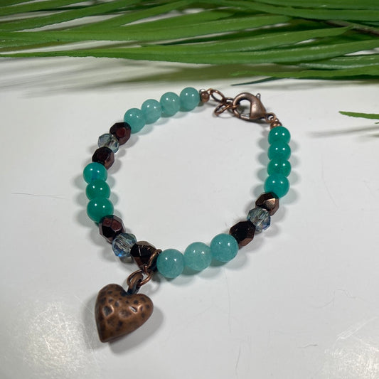 Summer Aqua Jade Beaded Bracelet with Heart charm