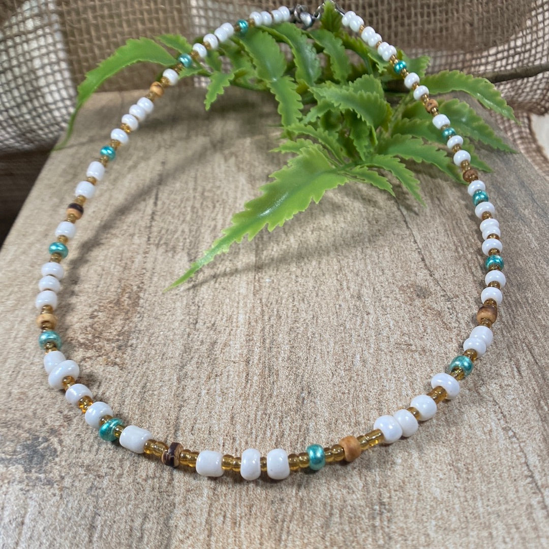 Beaded Choker Necklace with Czech White and Turquoise accent