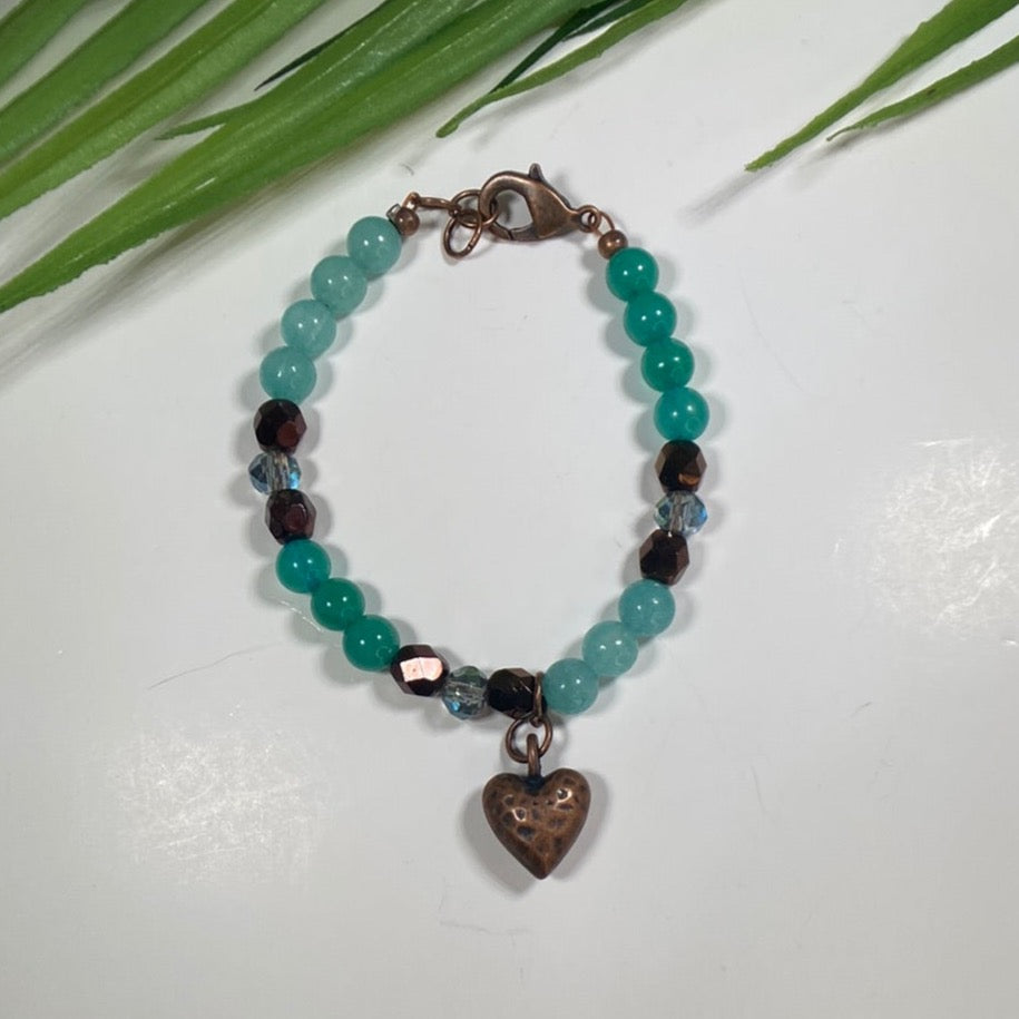 Summer Aqua Jade Beaded Bracelet with Heart charm