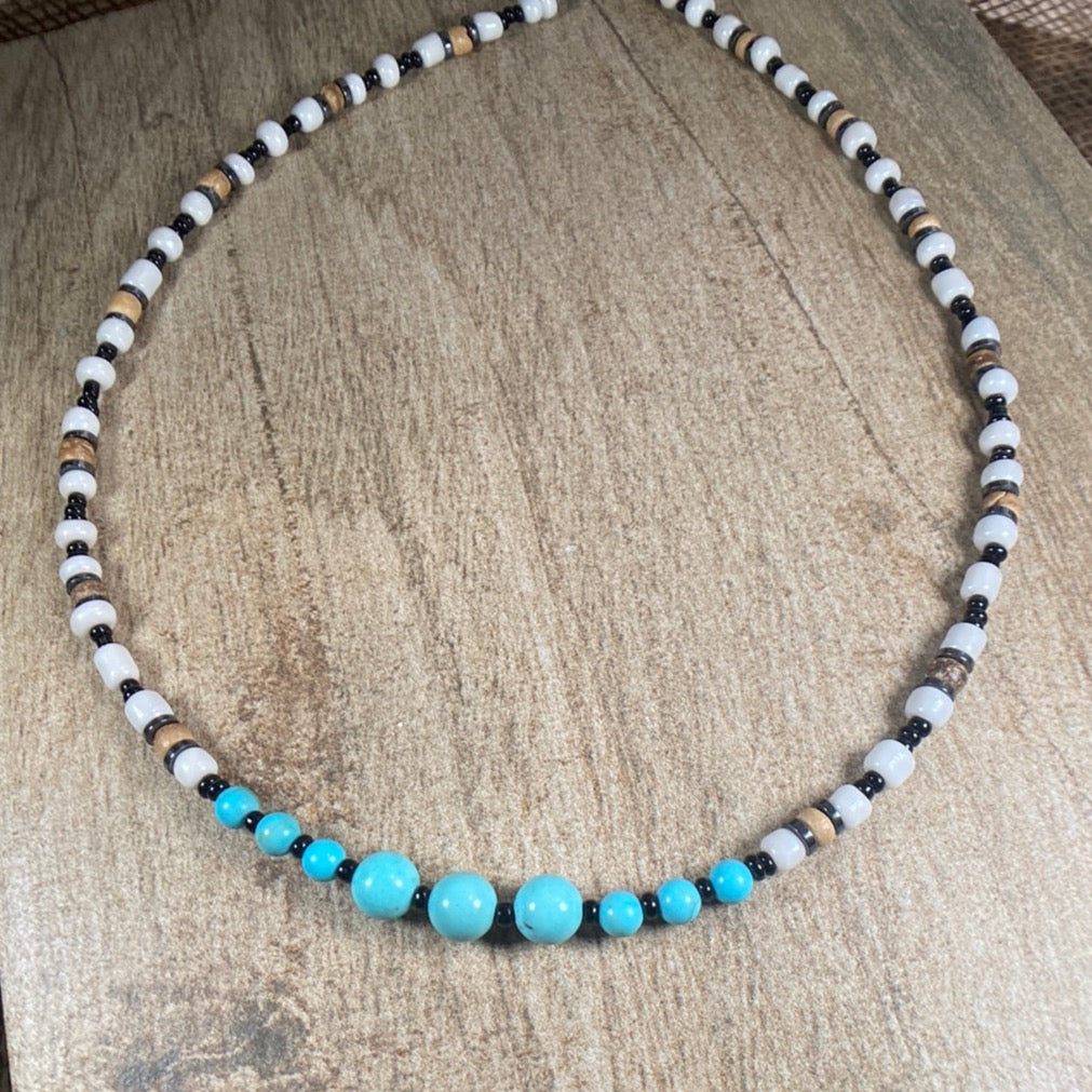 Beaded Choker Necklace with Turquoise black and white accents