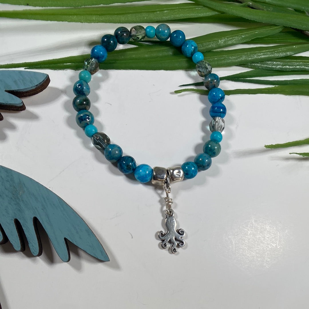 Blue Summer Beaded Stretch Bracelet with Octopus charm in Silver