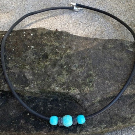 Turquoise Lava Beaded Necklace Choker, Black Rubber Choker