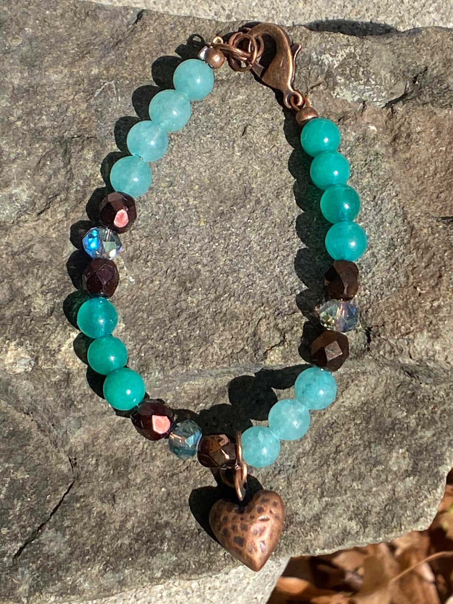 Summer Aqua Jade Beaded Bracelet with Heart charm