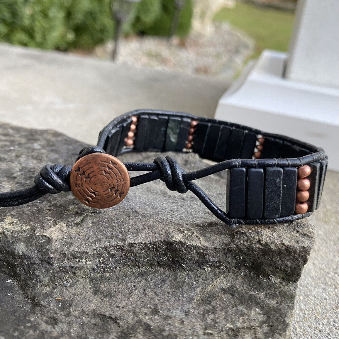 Mens' Blackstone Beaded Black Leather Bracelet