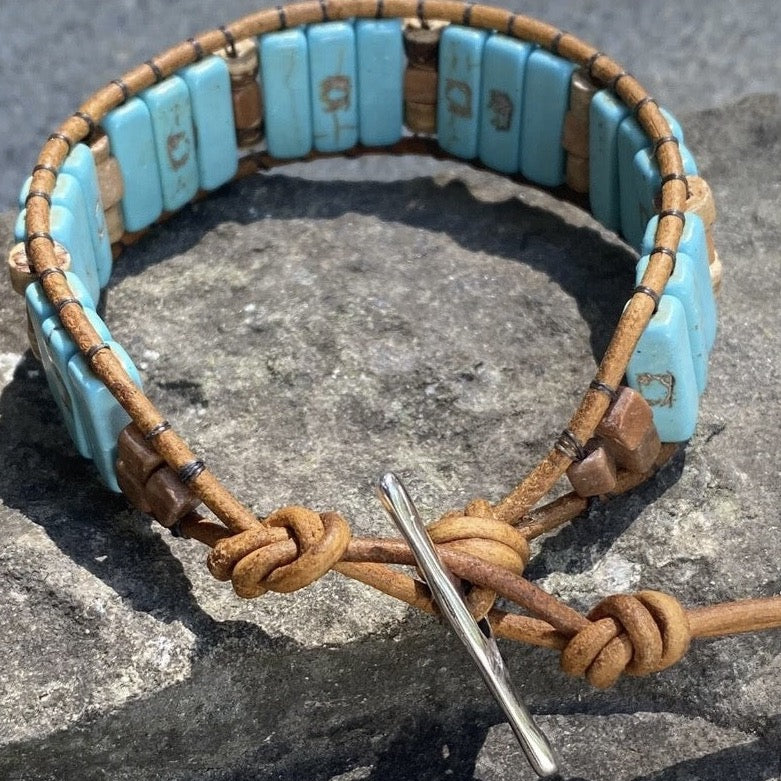 Turquoise Beaded Brown Leather Bracelet