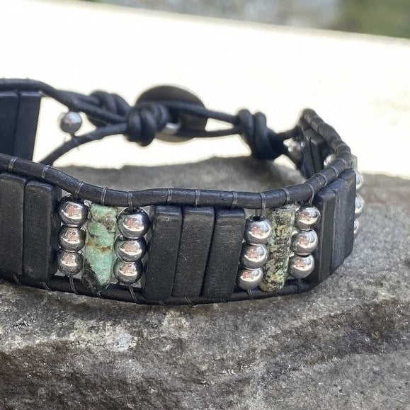 Men's Bracelet African Turquoise and Blackstone  Beaded Leather Bracelet