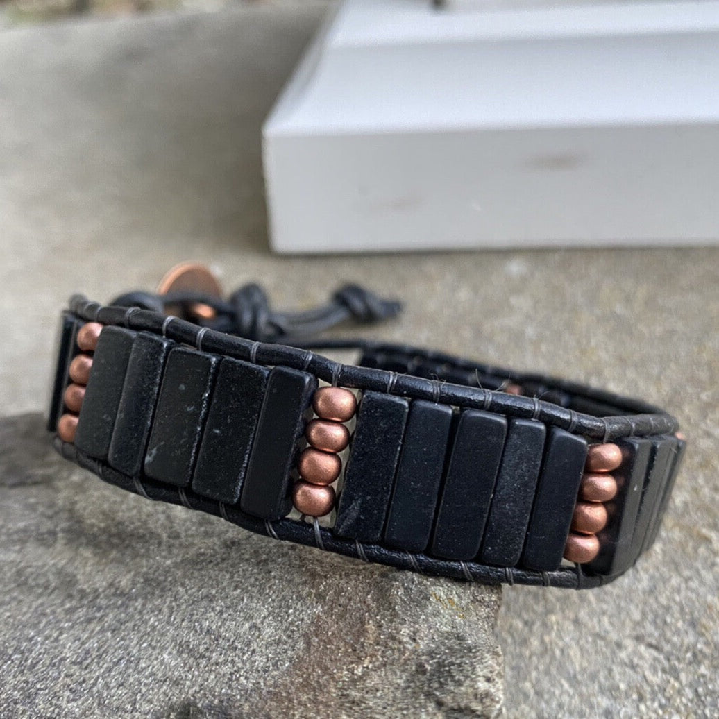 Mens' Blackstone Beaded Black Leather Bracelet