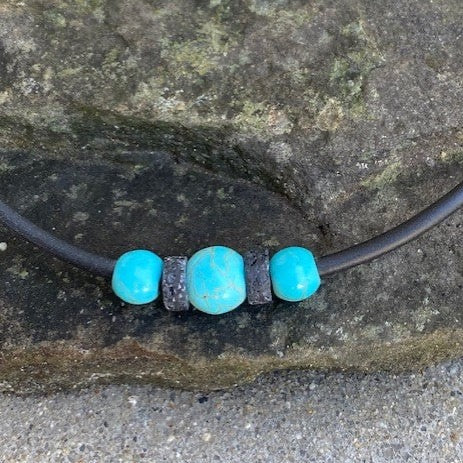 Turquoise Lava Beaded Necklace Choker, Black Rubber Choker