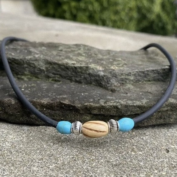 Turquoise Bead Necklace Choker, Beaded Choker Necklace on Rubber Cord