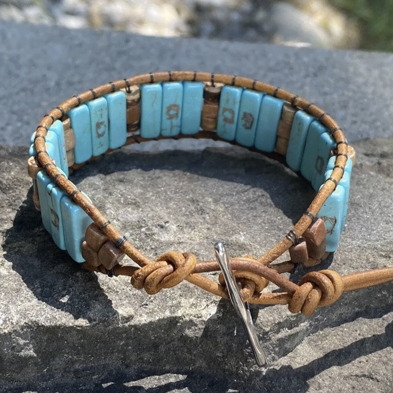 Turquoise Beaded Brown Leather Bracelet